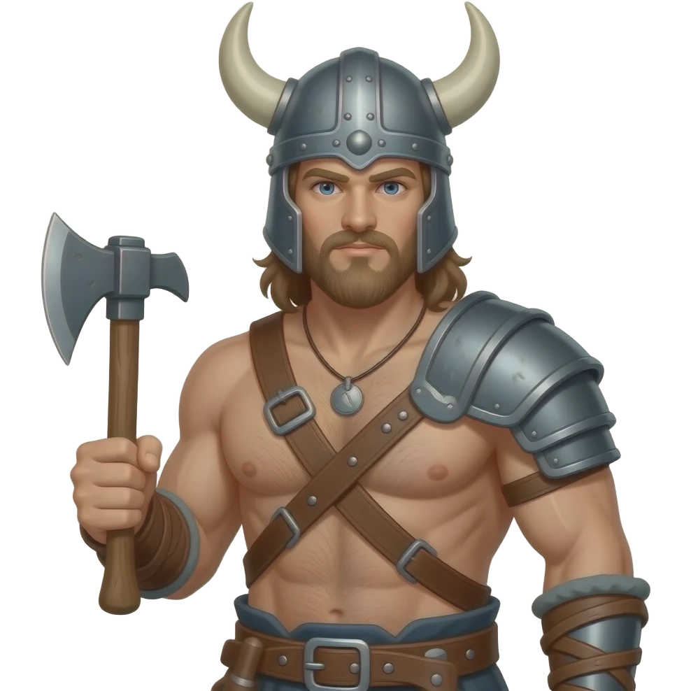 Vikinger mit nackten maskulinen behaarten Oberkörper mit Leder Riemen und Schulterpanzer. Er trägt eine Axt ind ein Helm emoji