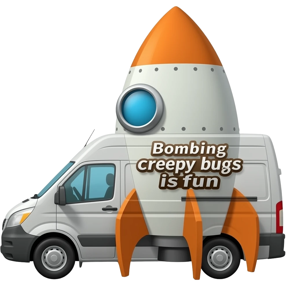 Heroic SuperBug Ron’s exterminator superminator antique rocket powered tall robot moving van (motto: Bombing creepy bugs is fun) emoji