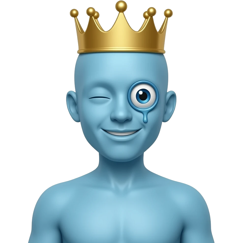 A blue guy with a button for an eye he’s smiling and drooling and he has a crown emoji