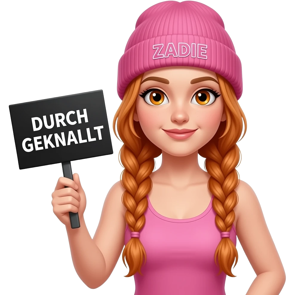sexy girl with overlong ginger braids and ginger eyes wearing a pink tanktop and a pink beanie with ZADIE written on it, is holding a black sign with DURCH GEKNALLT written on it emoji