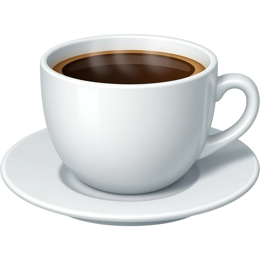 3D emoji style hot coffee in a white ceramic mug, 
dark brown coffee with subtle steam rising, 
small saucer underneath, Apple emoji aesthetic, 
soft highlights, transparent background, bold simple shapes emoji
