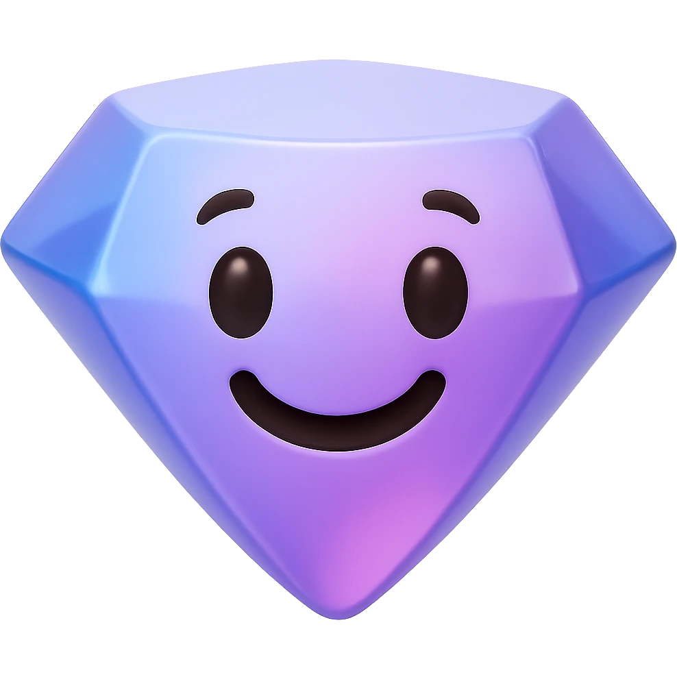 {
  "title": "3D Skeuomorphic Emoji Icon Schema",
  "type": "object",
  "properties": {
    "object": {
      "type": "string",
      "description": "Name of the object to be represented (e.g., 'money bag', 'camera', 'pizza')."
    },
    "style": {
      "type": "string",
      "enum": ["3D skeuomorphic emoji"],
      "description": "Visual style to be used for rendering."
    },
    "materials": {
      "type": "object",
      "properties": {
        "base": {
          "type": "string",
          "description": "Primary material texture, e.g., 'smooth cloth', 'metallic', 'plastic'."
        },
        "details": {
          "type": "array",
          "items": { "type": "string" },
          "description": "Secondary materials or embellishments (e.g., rope, buttons, stitching)."
        }
      }
    },
    "colors": {
      "type": "object",
      "properties": {
        "baseColor": {
          "type": "string",
          "description": "Main color of the object (e.g., '#F5DEB3' for a beige sack)."
        },
        "accentColors": {
          "type": "array",
          "items": { "type": "string" },
          "description": "Accent or highlight colors (e.g., yellow for dollar sign)."
        }
      }
    },
    "lighting": {
      "type": "object",
      "properties": {
        "type": {
          "type": "string",
          "enum": ["soft", "ambient", "studio"],
          "description": "Lighting type used to shade and define volume."
        },
        "shadows": {
          "type": "boolean",
          "description": "Indicates if soft drop shadows are used."
        }
      }
    },
    "geometry": {
      "type": "object",
      "properties": {
        "dimensionality": {
          "type": "string",
          "enum": ["3D"],
          "description": "Indicates that object is rendered in 3D."
        },
        "roundedEdges": {
          "type": "boolean",
          "description": "Indicates if object has smooth, rounded edges."
        }
      }
    },
    "expression": {
      "type": "string",
      "enum": ["playful", "realistic", "friendly"],
      "description": "Overall emotional tone of the icon."
    },
    "background": {
      "type": "string",
      "enum": ["transparent", "white", "gradient"],
      "description": "Background type for the rendered emoji."
    }
  },
  "required": ["object", "style", "materials", "colors", "lighting", "geometry", "expression", "background"]
}

diamond emoji