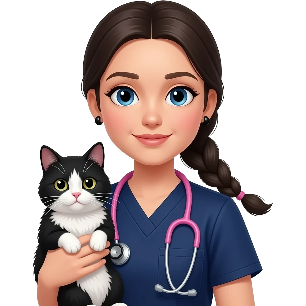 Vet nurse blue eyes dark hair in 1 plait ear rings navy scrubs pink stethoscope with black holding a black and white fluffy cat emoji