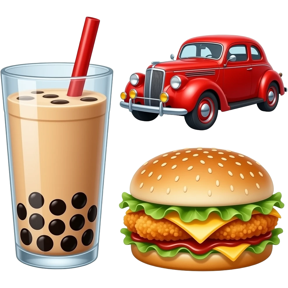 boba tea and car and fried chicken in a sandwich emoji