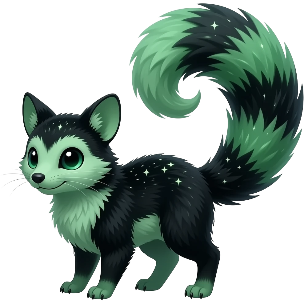 Hyper-realistic forest-hunger-green-emerald-green-onyx-black-gradient velvet fur soaked in starlight glitter and shadow gradients beautiful elegant pretty precious cute Fakémon-Pokémon-opossum-Lykoi-genet-civet-serval-caracal-chinchilla-Furret-hybrid-creature with a big fluffy bushy tail (full body) emoji