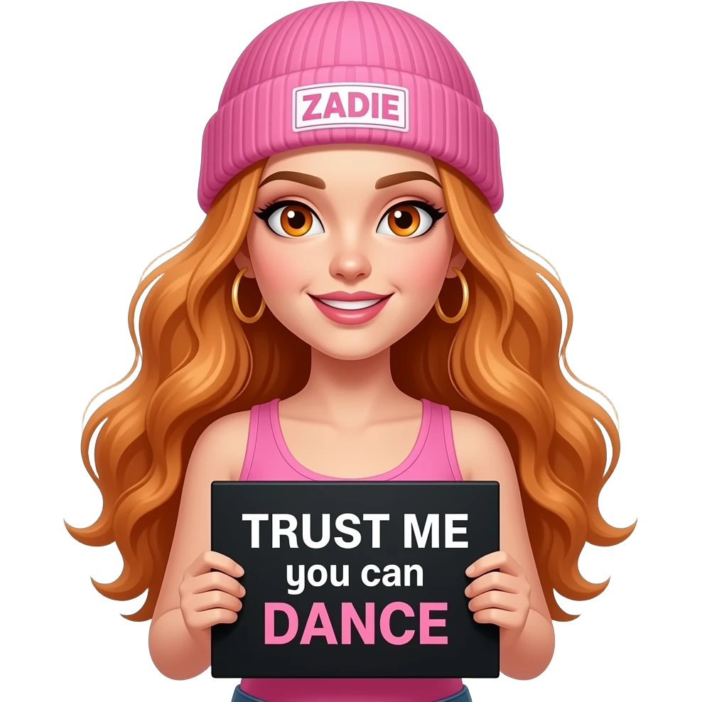 sexy girl with overlong wavy ginger hair and ginger eyes wearing a pink tanktop and a pink beanie with ZADIE written on it, is holding a black sign with TRUST ME you can DANCE written on it emoji