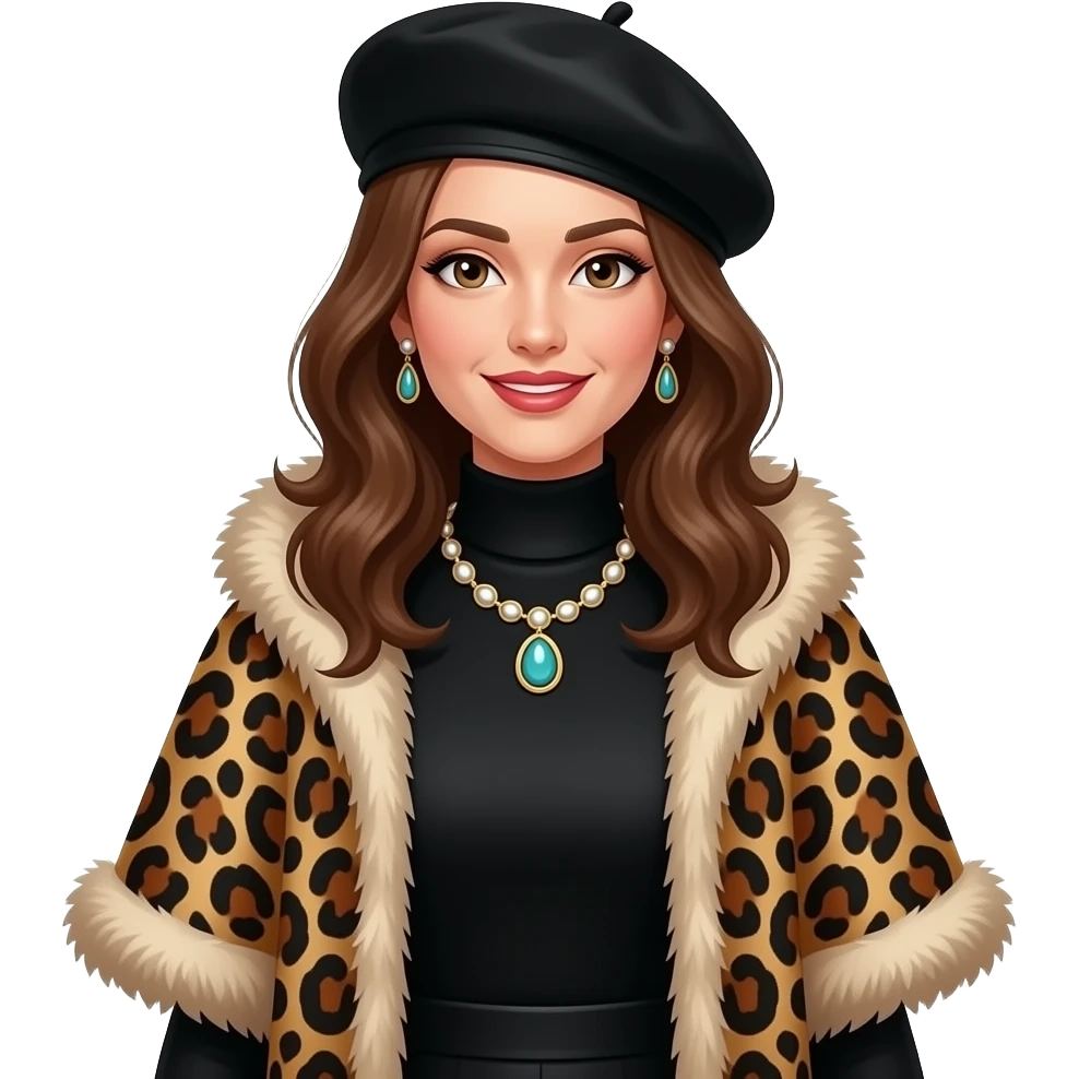 A glamorous woman wearing a black turtleneck dress, a leopard-print cape with fur trim and a black beret. She is adorned with a statement necklace. emoji