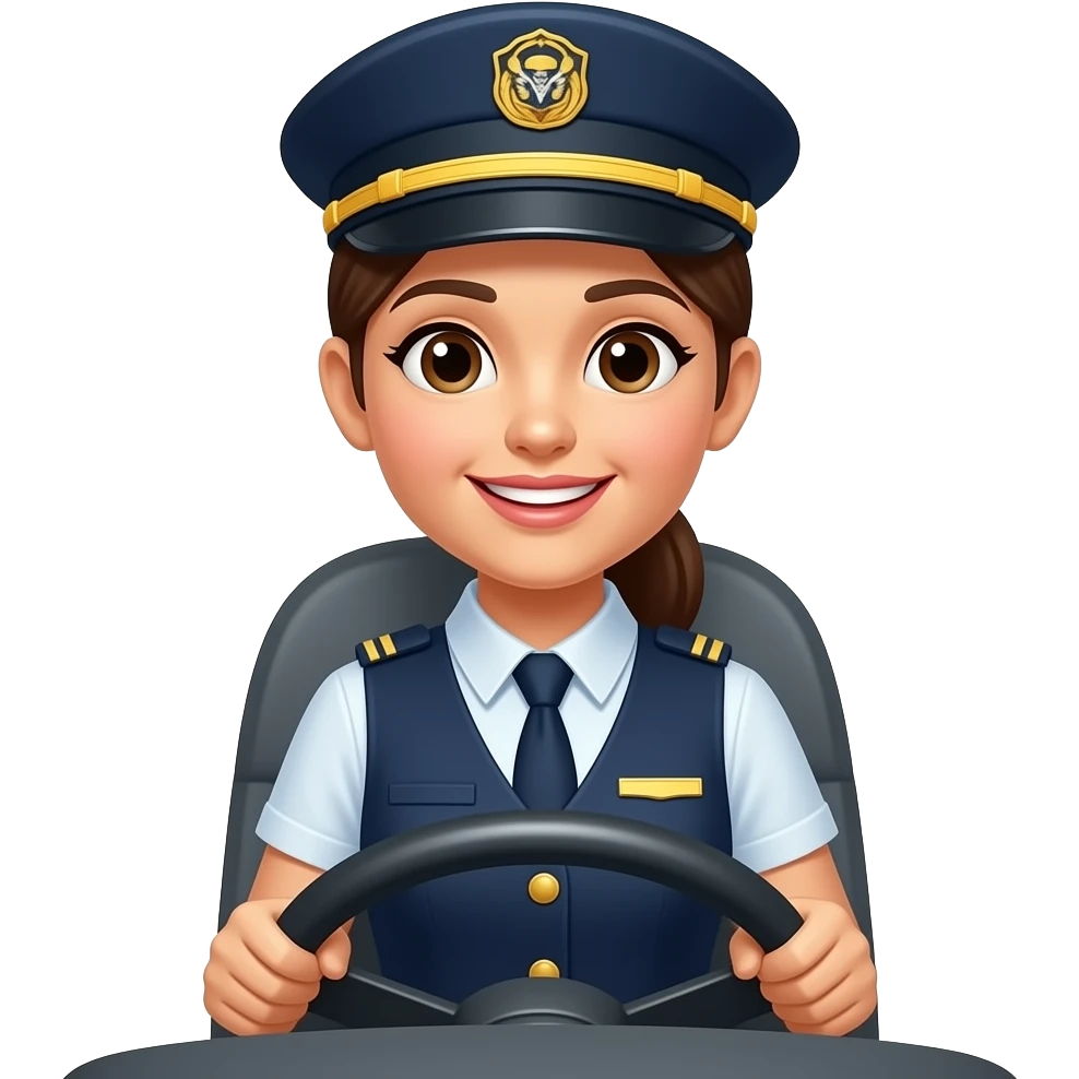 Female bus driver, wearing uniform & cap friendly expression sitting in front of a steering wheel emoji