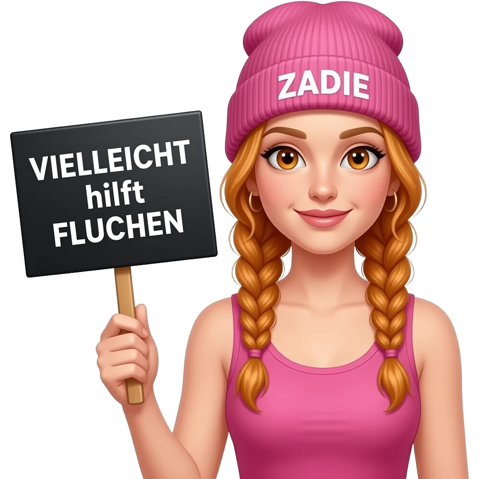 sexy girl with overlong ginger braids and ginger eyes wearing a pink tanktop and a pink beanie with ZADIE written on it, is holding a black sign with VIELLEICHT hilft FLUCHEN written on it emoji
