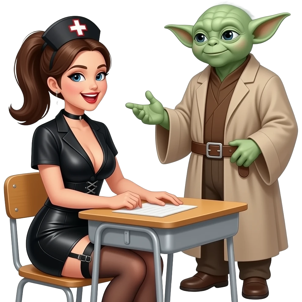 Pony tailed nurse with all black skimpy outfit,garter belt and very large breasts, wearing a tight small, low cut black leather skirt, smiling with open mouth, sitting at school desk, facing a tall Yoda dressed as a tutor, holding one hand with Yoda, other hand in Yoda belt emoji