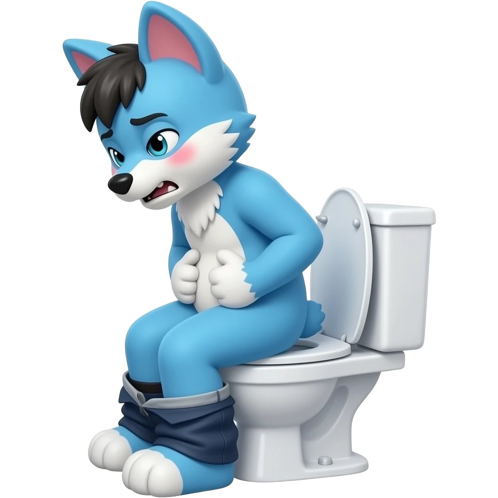 blue fursuit sitting on toilet, side view, pants down, straining face, blushing face, pain, pushing, both hands on stomach, discomfort, grunting emoji