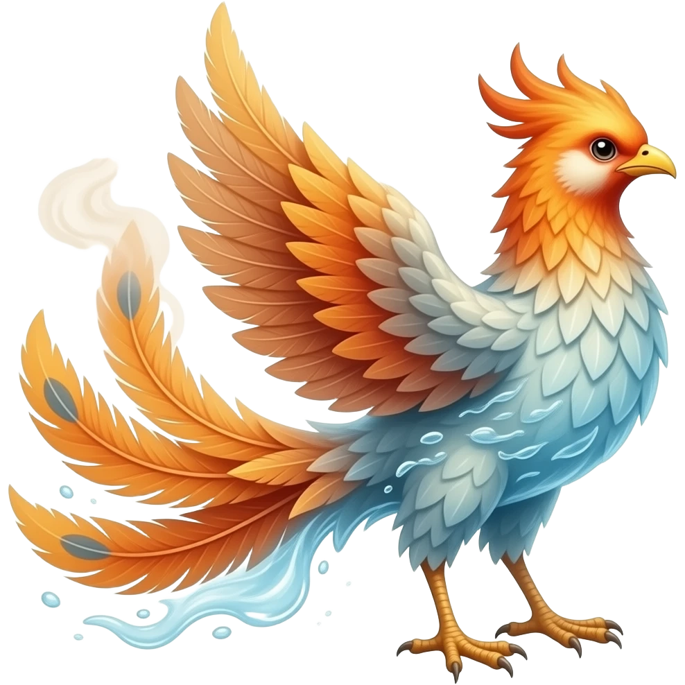 A phoenix with long tail feathers made of smoke on one side and water on the other side emoji