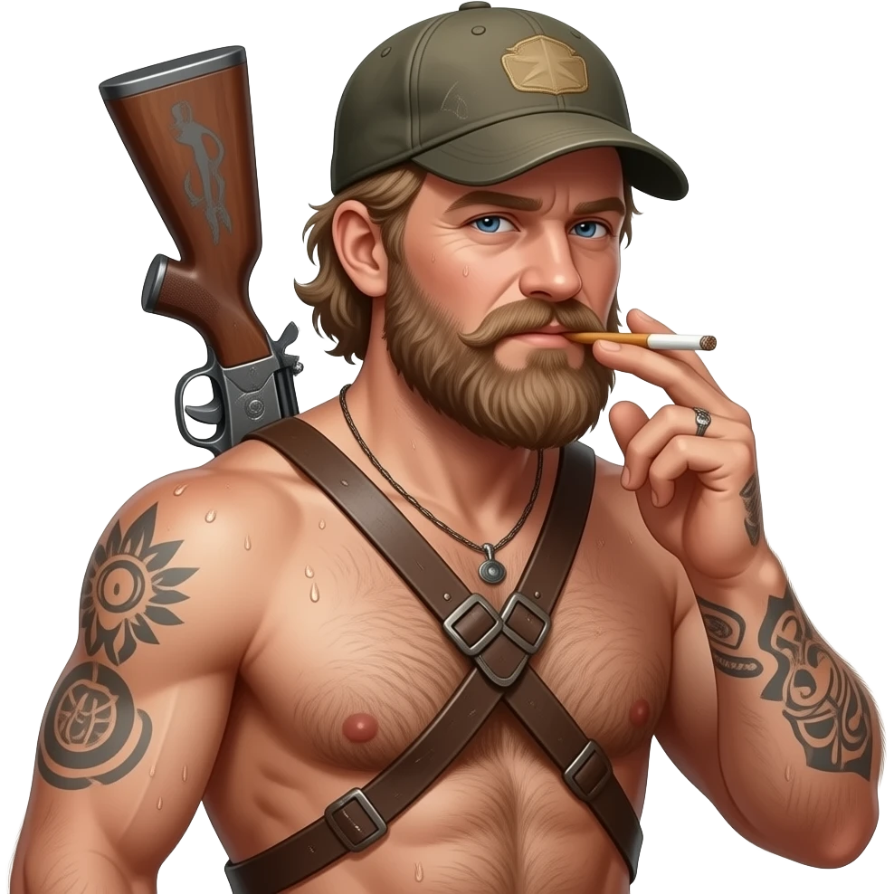 Portrait von einem nackten, typischen redneck mit alten cap und tattoos. Er ist maskulin, behaart. Seine Haut ist staubig und verschwitzt. Er raucht eine Joint und hat eine Schrotflinte um seinen Rücken umgehängt. Er hat ein ungepflegten, zottligen lange Bart. emoji