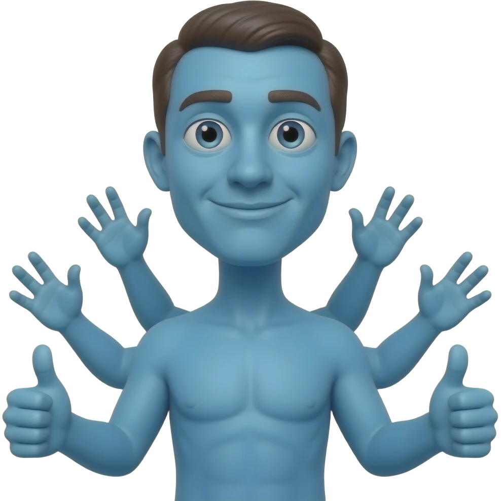 cartoon exteme blue  cross eyed Guy with four noses and three ears and 6 hands with an absurdly long neck no body, giving a thumbs up emoji