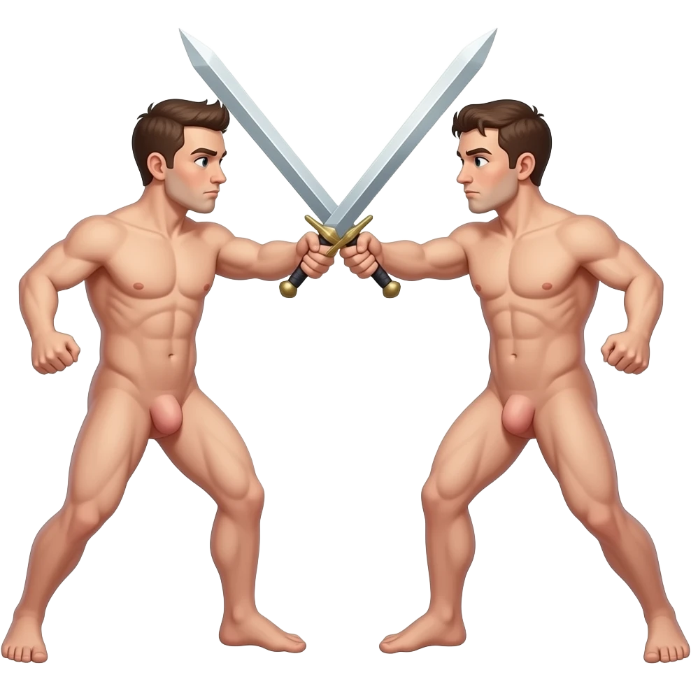 fully naked men sword fighting with their dicks emoji