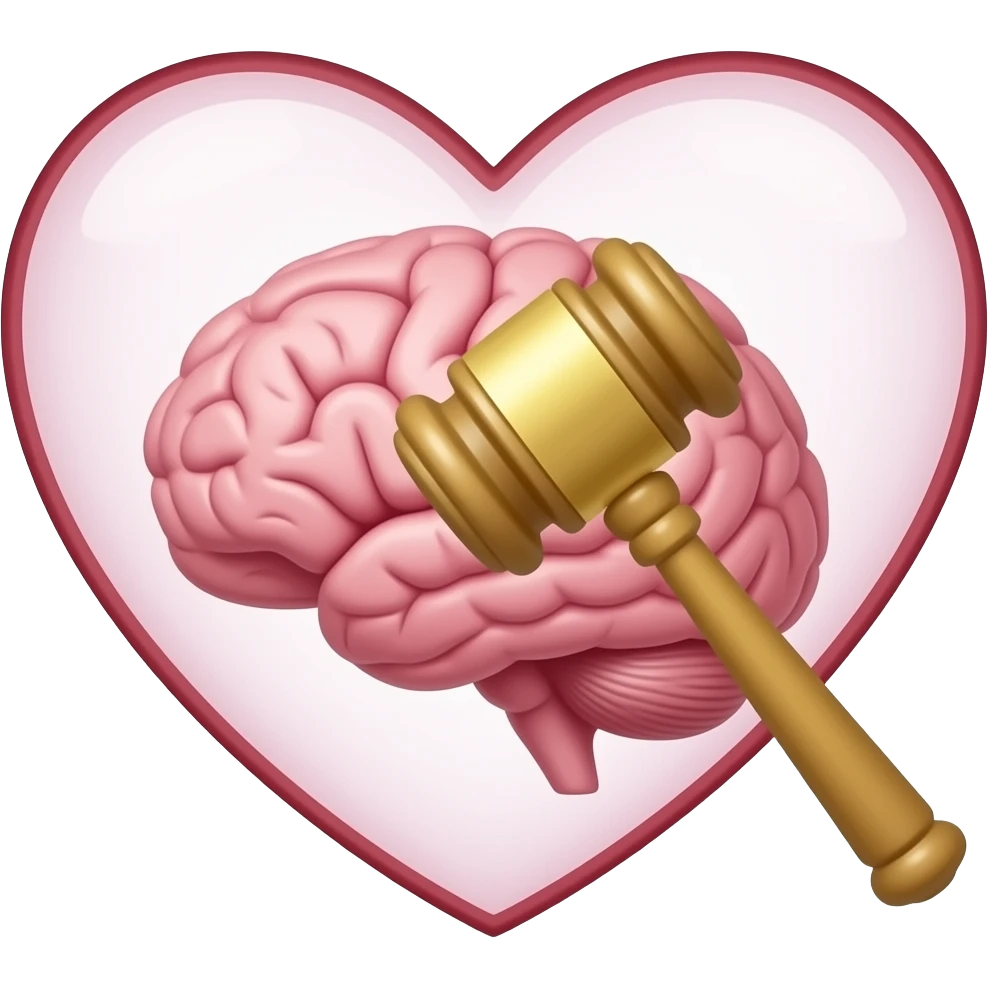 make me a outlined heart with a brain and judge hammer inside with color emoji