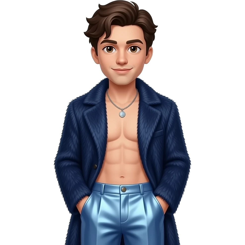Jonathan Bailey with brown eyes, dark brown hair, navy blue fur coat, periwinkle metallic baggy pants, shirtless with necklace emoji