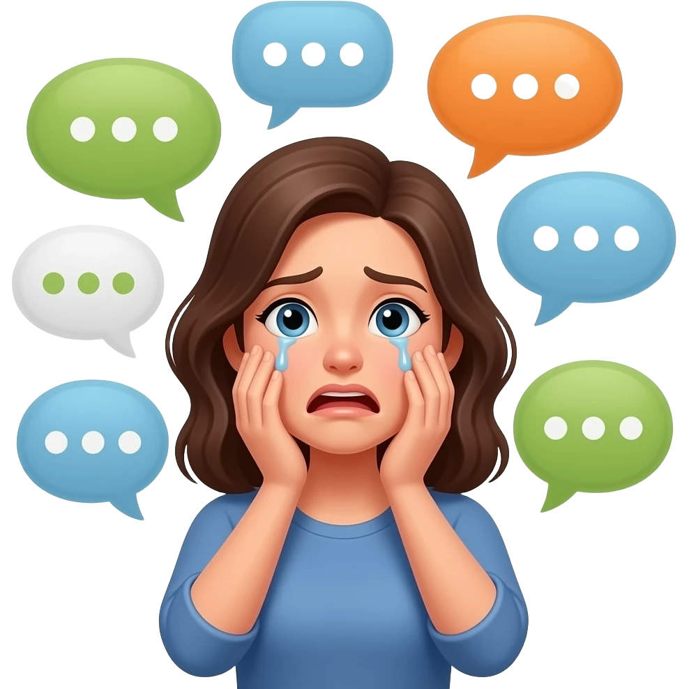 information overload woman surrounded by speech bubbles emoji