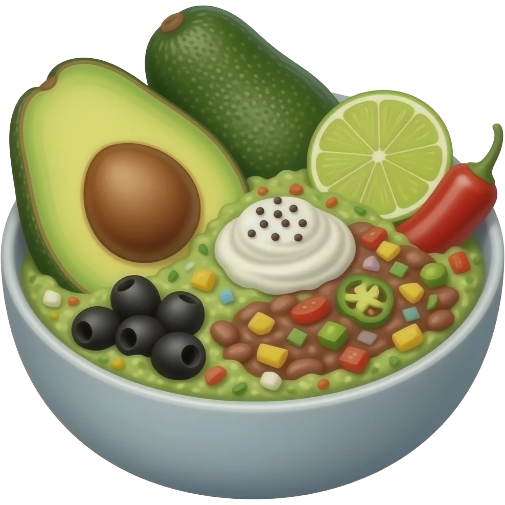 Avocado + Salt and Pepper + Onion + Tomato + Jalapeño + Cliantro + Lime + Garlic + Lemon + Salsa + Black Olive + Refried Beans + Sour Cream + Hot Sauce = Guacamole emoji