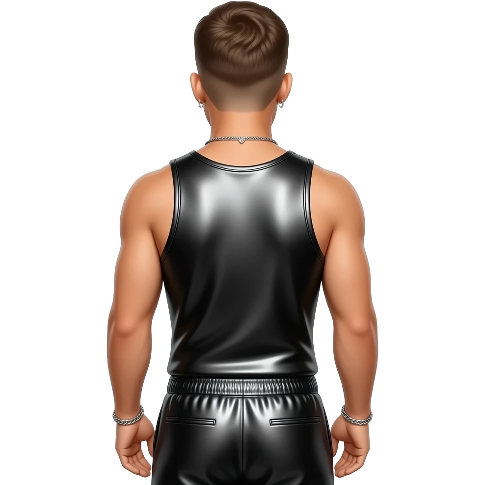 Justin Timberlake from behind with black metallic tank top, black metallic saggy joggers, necklace and earrings emoji