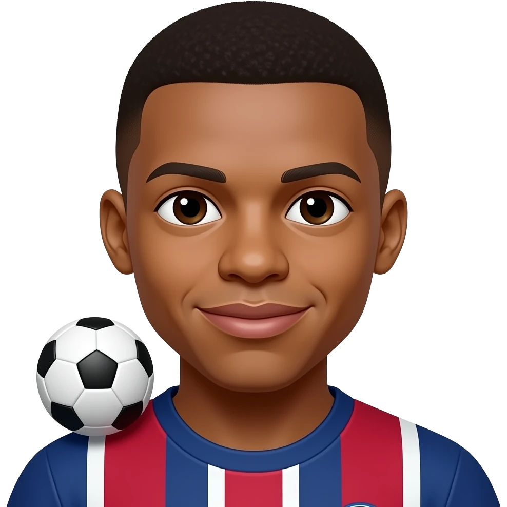 Mbappe-inspired 3D emoji, same face every time, 1 small football on shoulder, face visible. emoji
