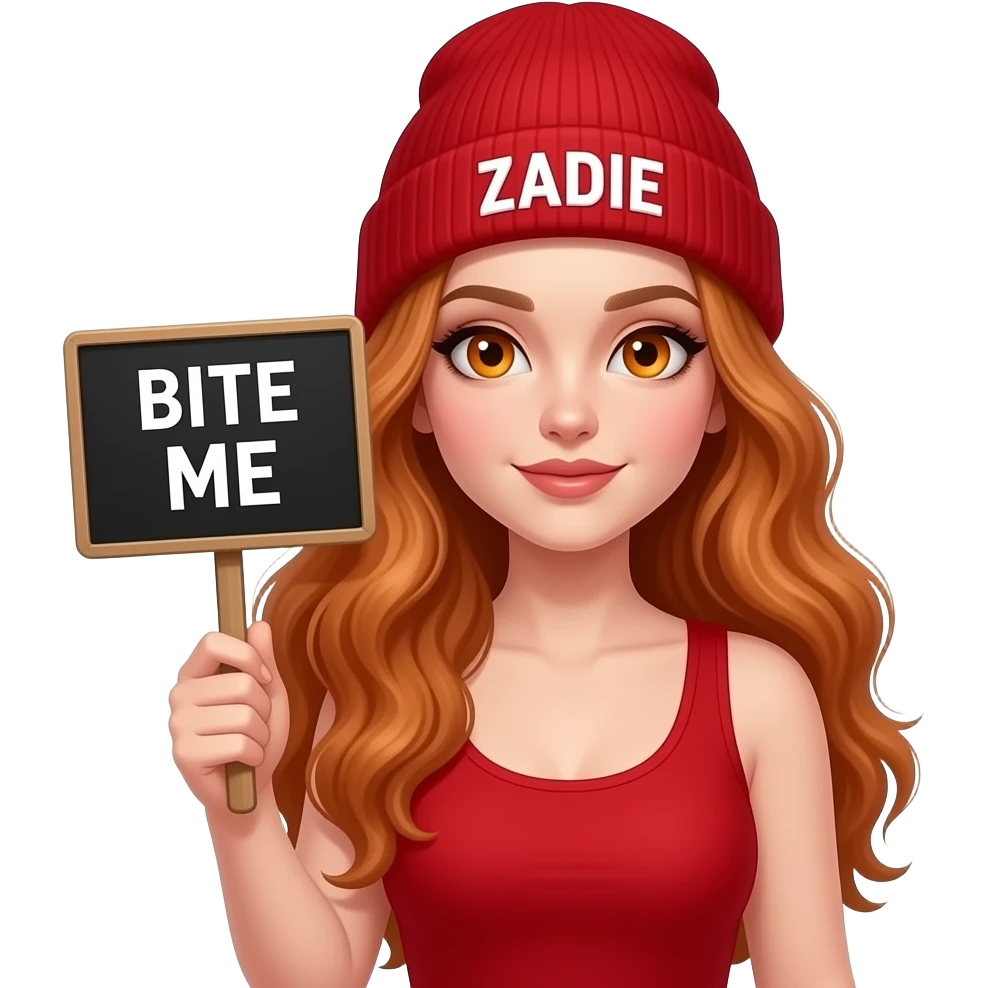 sexy girl with overlong wavy ginger hair and ginger eyes wearing a red tanktop and a red beanie with ZADIE written on it, is holding a black sign with BITE ME written on it emoji