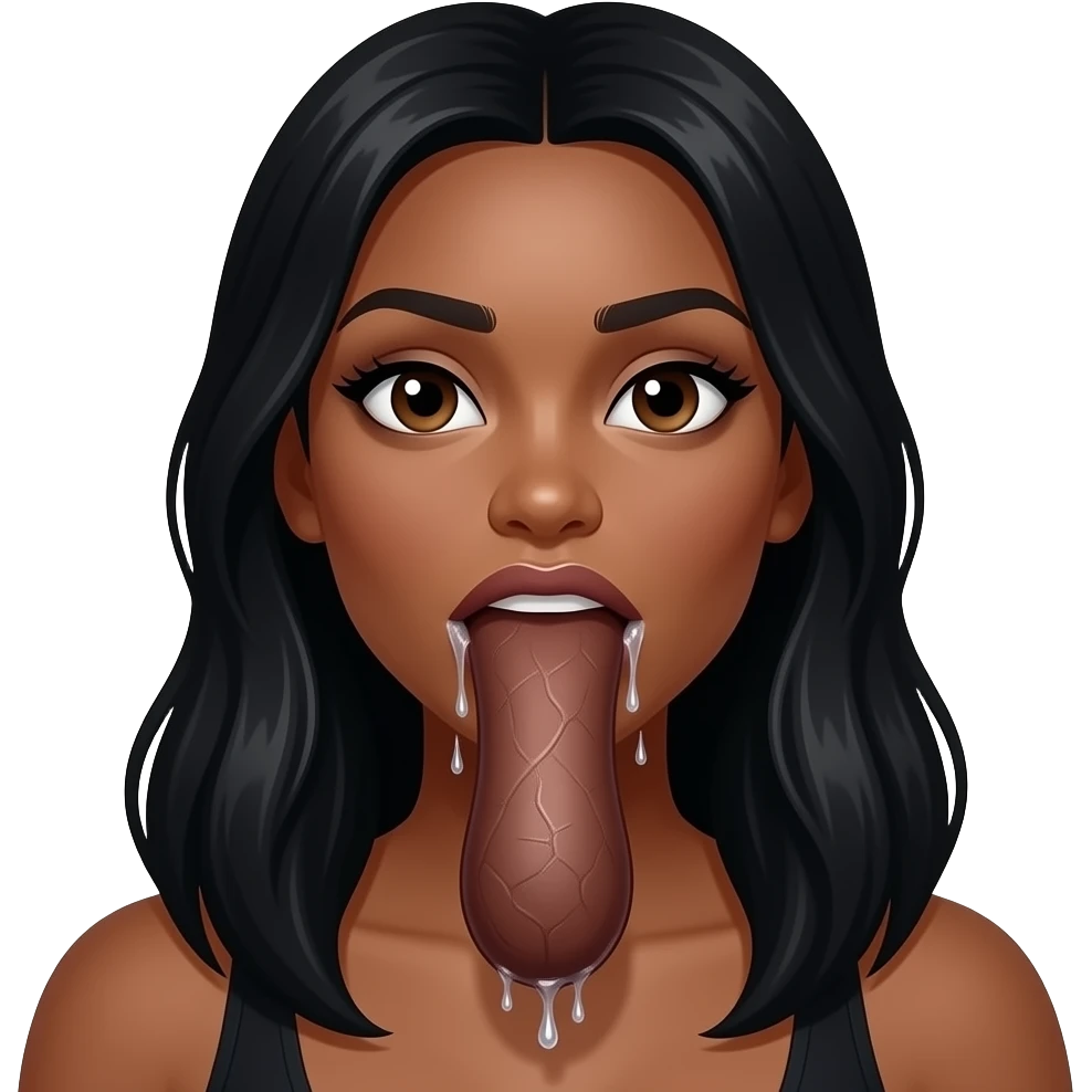 Pretty Black long hair  black Female chocking on big dark brown penis with veins . And mouth drooling watering, and spit dripping around mouth. emoji