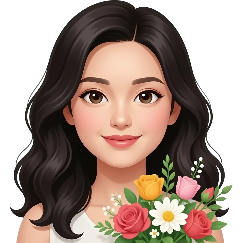 Mujer asiática recibiendo unas flores, que la chica sea piel muy clara, cabello ondulado y negro y con ojos asiáticos emoji