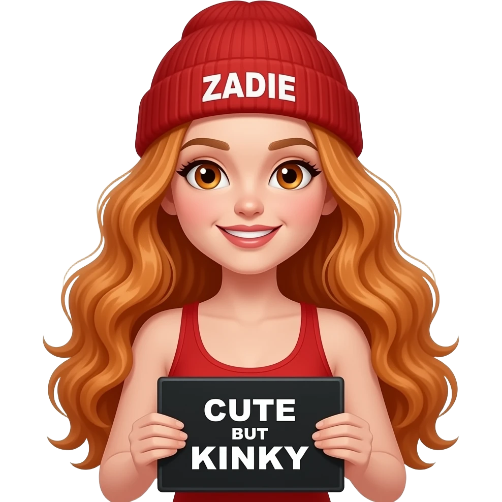 sexy girl with overlong wavy ginger hair and ginger eyes wearing a red tanktop and a red beanie with ZADIE written on it, is holding a black sign with CUTE but KINKY written on it emoji