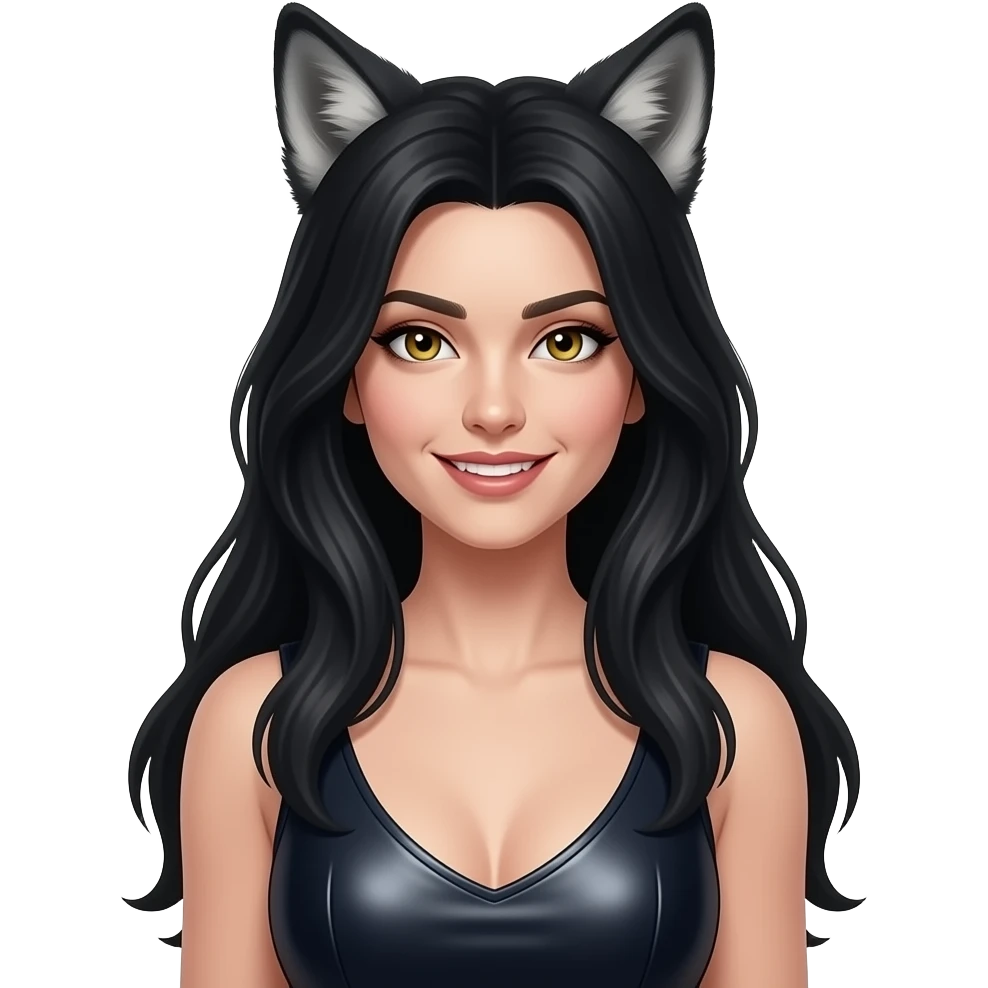 > “womanlycan portrait looking front, long black hair, wolf ears, subtle fang smile, sharp golden eyes,sleeveless dark leather dress, dark fantasy card art style, centered composition, dark background” emoji