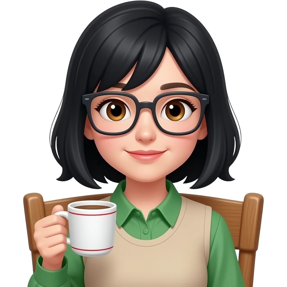 Chica de pelo negro ojos café claro y piel blanca con lentes oversize square GAFAS DE LEER BIEN GRANDES , camiseta de cuello verde y el resto beige, sentada en una silla de madera , en la mano derecha una taza de cafe blanca con líneas rojas emoji