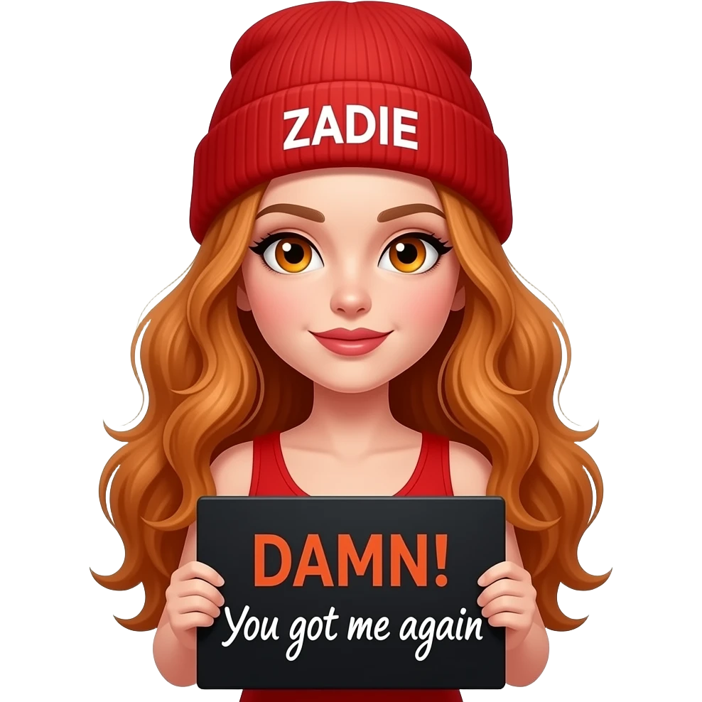 sexy girl with overlong wavy ginger hair and ginger eyes wearing a red tanktop and a red beanie with ZADIE written on it, is holding a black sign with DAMN! You got me again written on it emoji