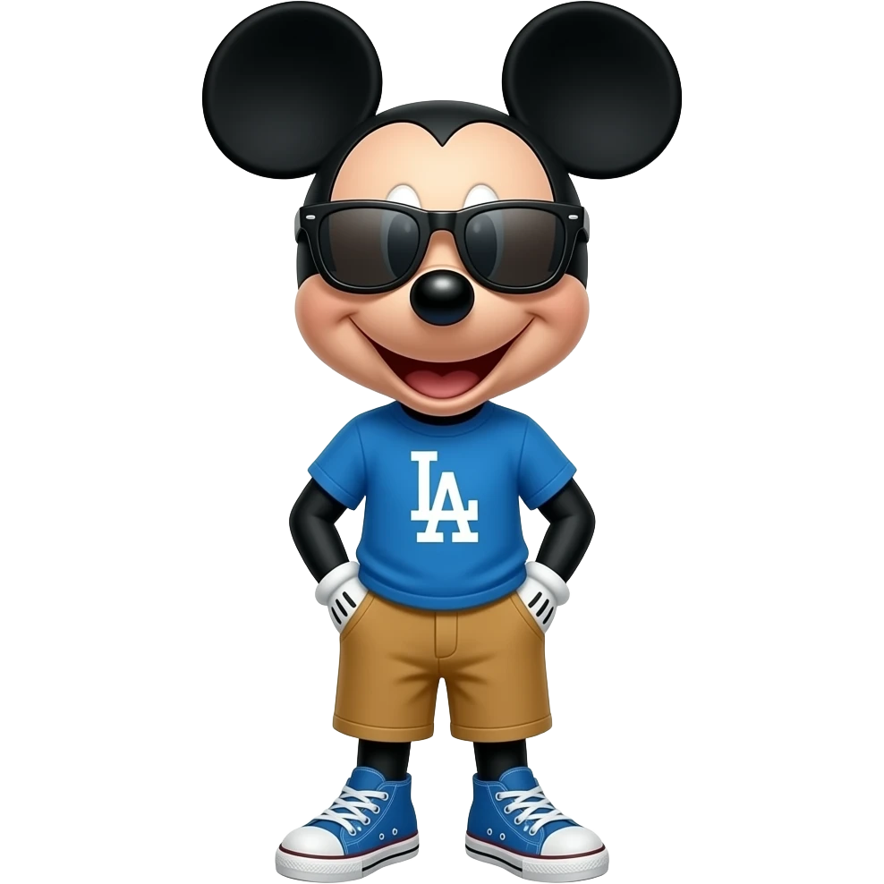 Mickey Mouse wearing blue L.A. Logo T-shirt, tan shorts and blue Converse All-Star shoes, Cool dark sunglasses, smiling happily. Hands in pockets. emoji