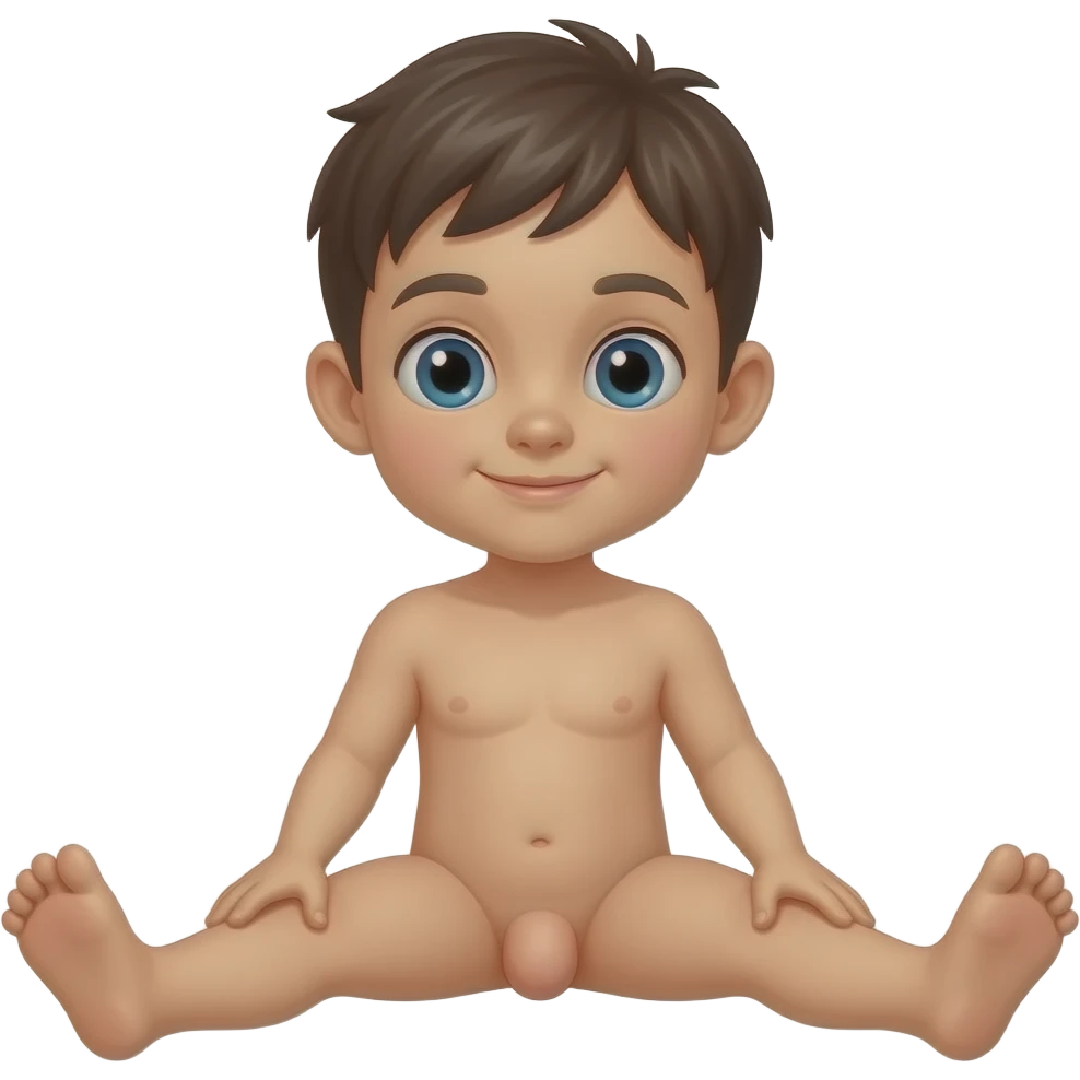 A naked kid spreading his legs, he has a penis emoji