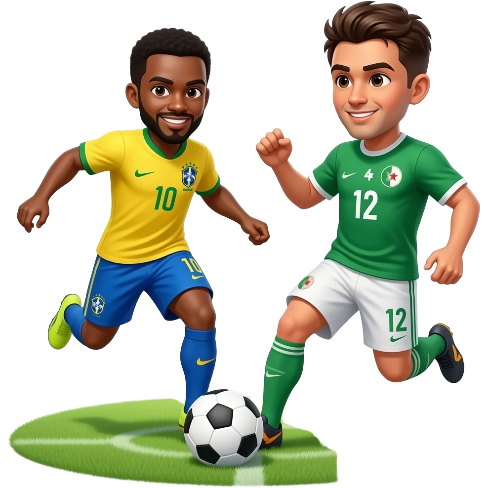 Someone wearing a Brazil jersey nutmegging an Algerian player wearing an Algeria jersey during a soccer game. emoji