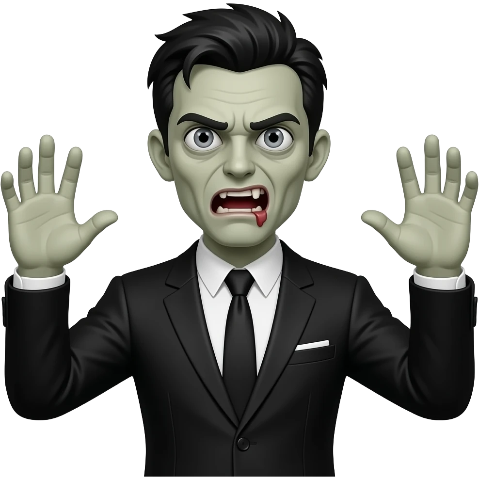 create a male zombie with wearing a full black suit - his eye are grey and his hair is black and he rise his hands - make him scary emoji