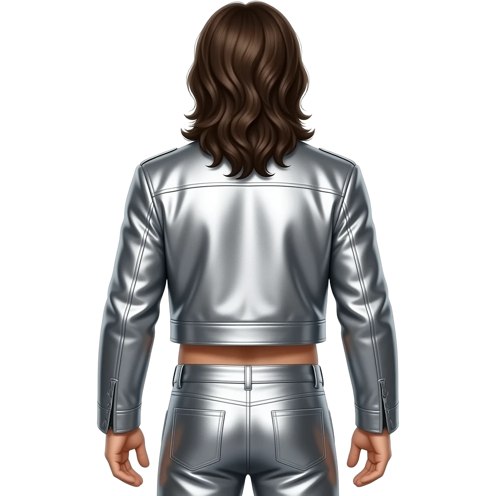 Barry Gibb from behind long dark brown hair, silver metallic jacket crop top, silver metallic baggy pants, shirtless emoji