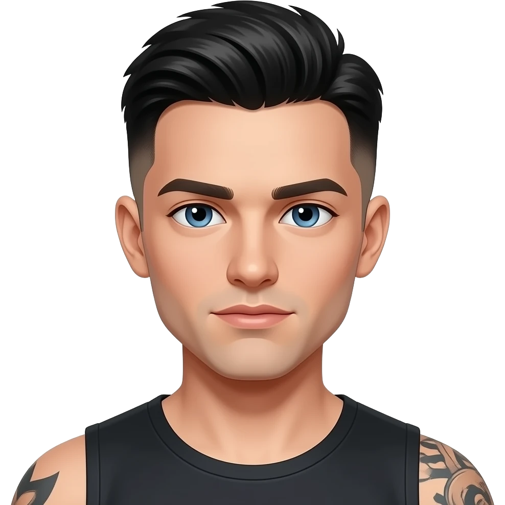 gars cheveux noirs low taper fade look dark beau et yeux bleus peau laiteuse pâle et taoué emoji