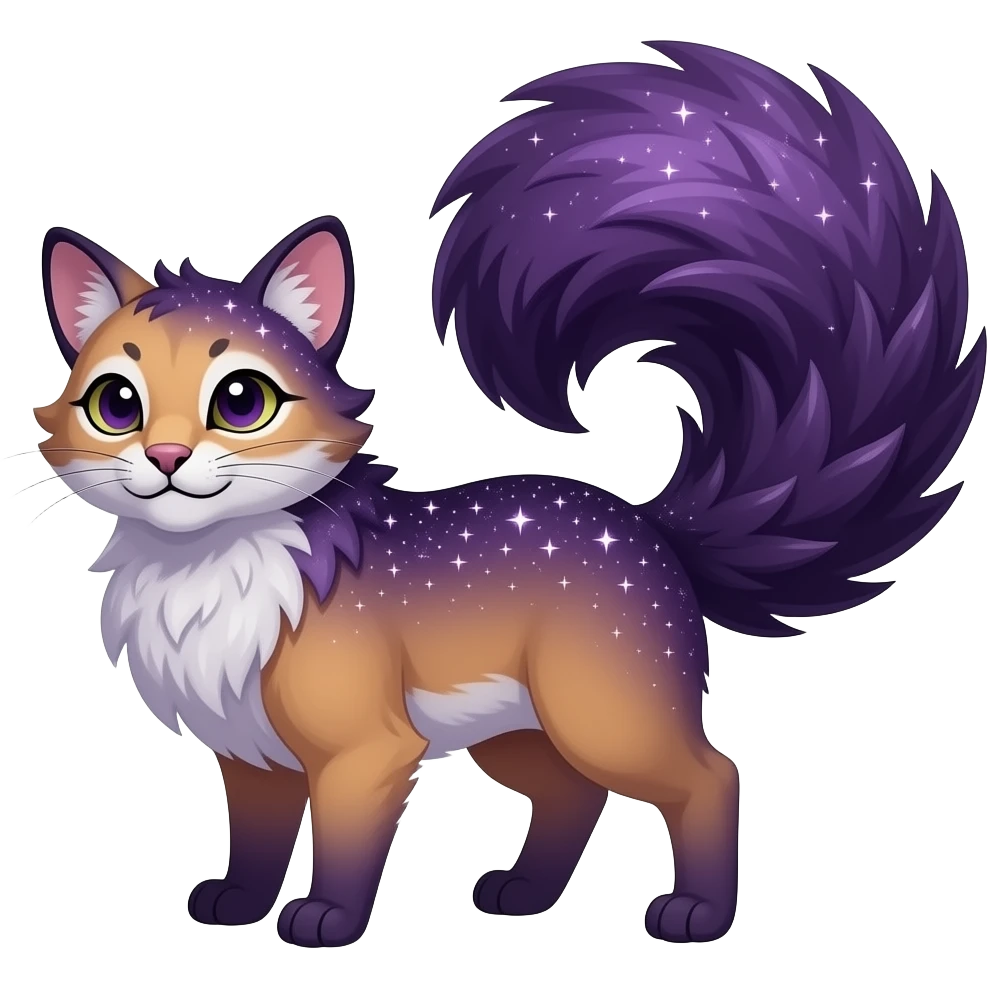 Hyper realistic midnight-violet velvet fur soaked in starlight glitter and shadow gradients beautiful elegant pretty precious cute Fakémon-Pokémon-opossum-feline-serval-caracal-chinchilla-Furret-Minccino-hybrid-creature with a big fluffy bushy tail (full body) emoji