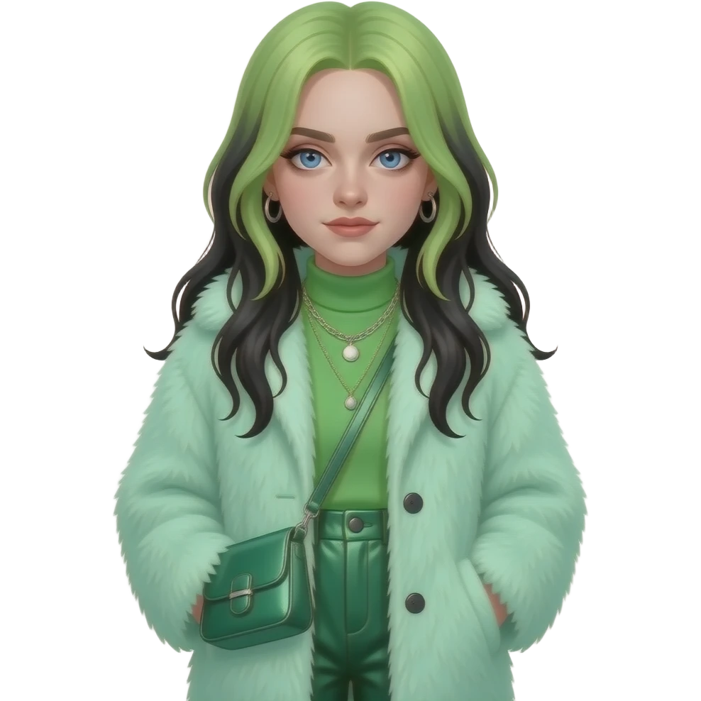 Billie Eilish with blue eyes, long light green and black hair, mint green fur coat, green turtleneck shirt, green metallic baggy pants, necklace and earrings emoji
