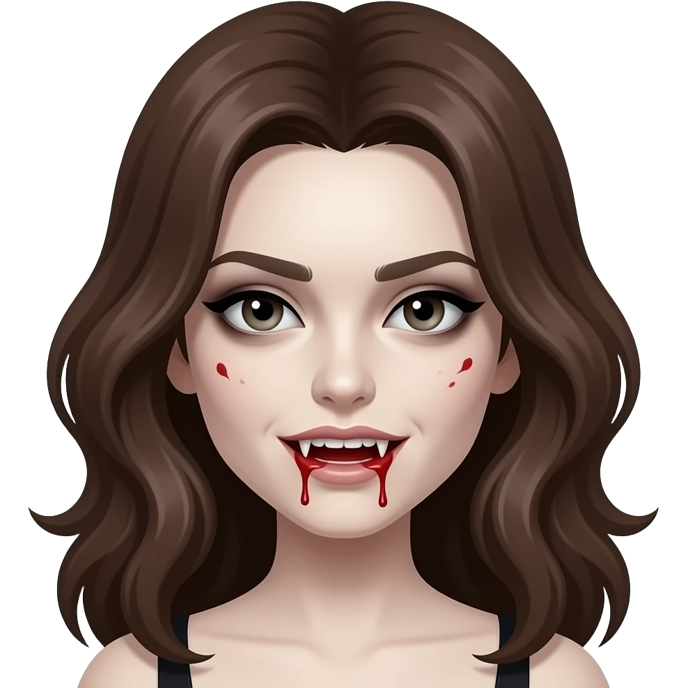 A vampire girl with wavy brown hair, fangs, and blood dripping from her mouth and with a little blood on her face, a somewhat dark appearance with pale skin and not very pronounced dark circles under her eyes, in the style of iOS 16. emoji