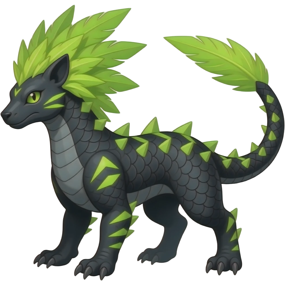 Cool edgy ancient black-scaled with neon-colored triangular stripe markings digitigrade bipedal vintage futuristic fantasy-Cyberpunk-Steampunk-Solarpunk-Genesect-Salamence-Tyranitar-Vernid-Fionbri-Fakémon-animal-hybrid, with neon-green feather-mane, and a tail blade, back spikes, full body emoji