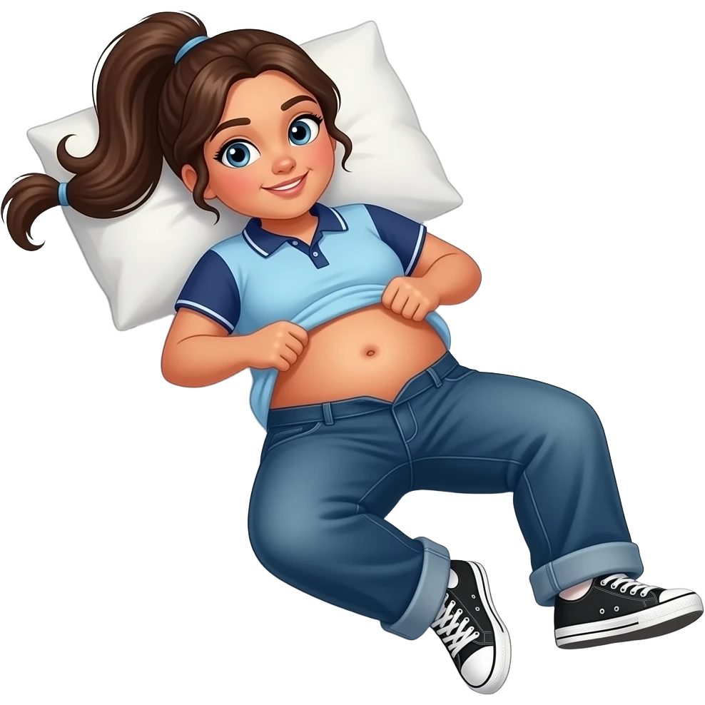 Obese Hispanic girl with brown ponytail and blue eyes light blue and dark blue polo and dark blue baggy jeans and white and black sneakers and belly button laying down on her pillow on her bed lifting her shirt to show her belly emoji