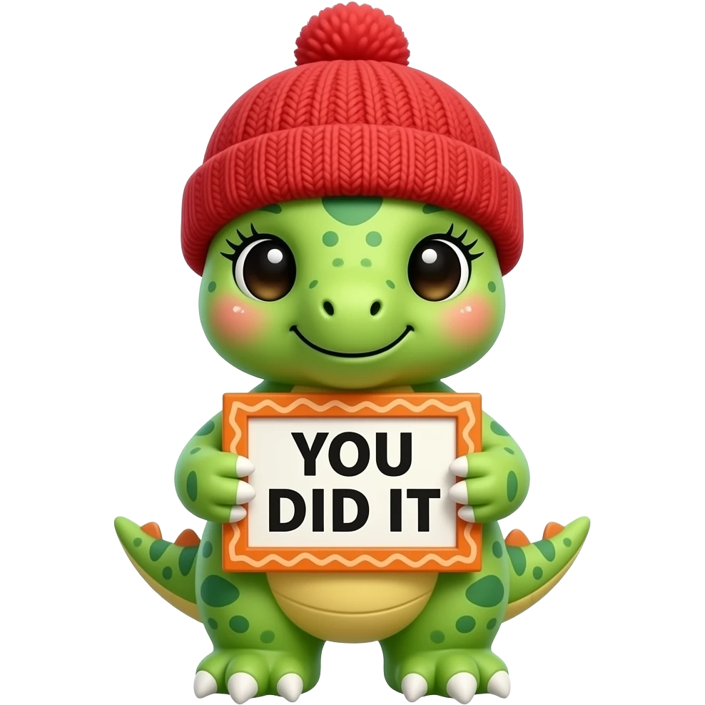 Create a super cute stuffed kawaii green and yellow gradient Animal which Looks Like a Velociraptor with big eyes and long eyelashes and with a red winter hat holding a orange zig zag frame sign with in front of its chest that says in a funny bold black font "YOU DID IT" emoji