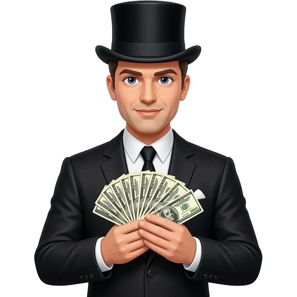 make a man wearing a suit and a top hat doing a money spread in his arm emoji