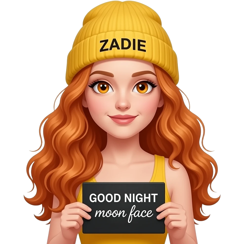 sexy girl with overlong wavy ginger hair and ginger eyes wearing a yellow tanktop and a yellow beanie with ZADIE written on it, is holding a black sign with just GOOD NIGHT  🌝 on it emoji