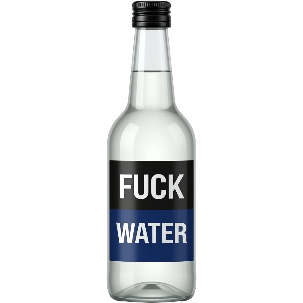 big long long skinny bottle with a black cap with white liquid in it with a white and dark blue vertical label that says FUCK WATER but the fuck is white text with a black background and water is white text with a navy blue background so it’s split in half emoji
