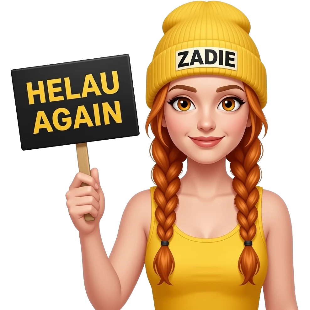 sexy girl with overlong ginger braids and ginger eyes wearing a yellow tanktop and a yellow beanie with ZADIE written on it, is holding a black sign with HELAU AGAIN written on it emoji