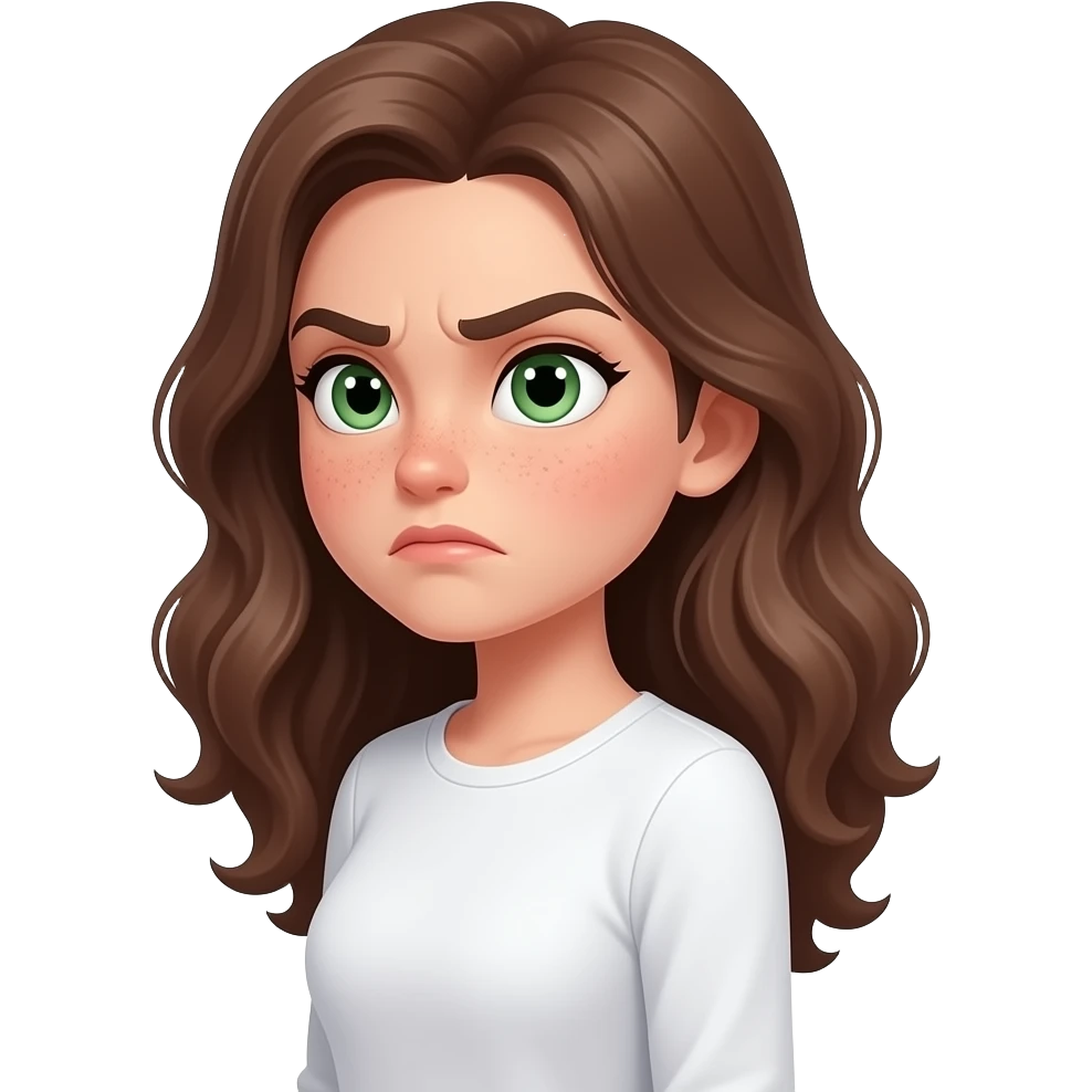 strong side view strong face expression very visible judgmental, cartoonish, caricatured, grotesque, suspicious side-eye meme even little disgusted by Brown wavy long haired with green eyes with one eyebrow raised cute face with freckles pretty girl in cute  white top with long sleeve emoji