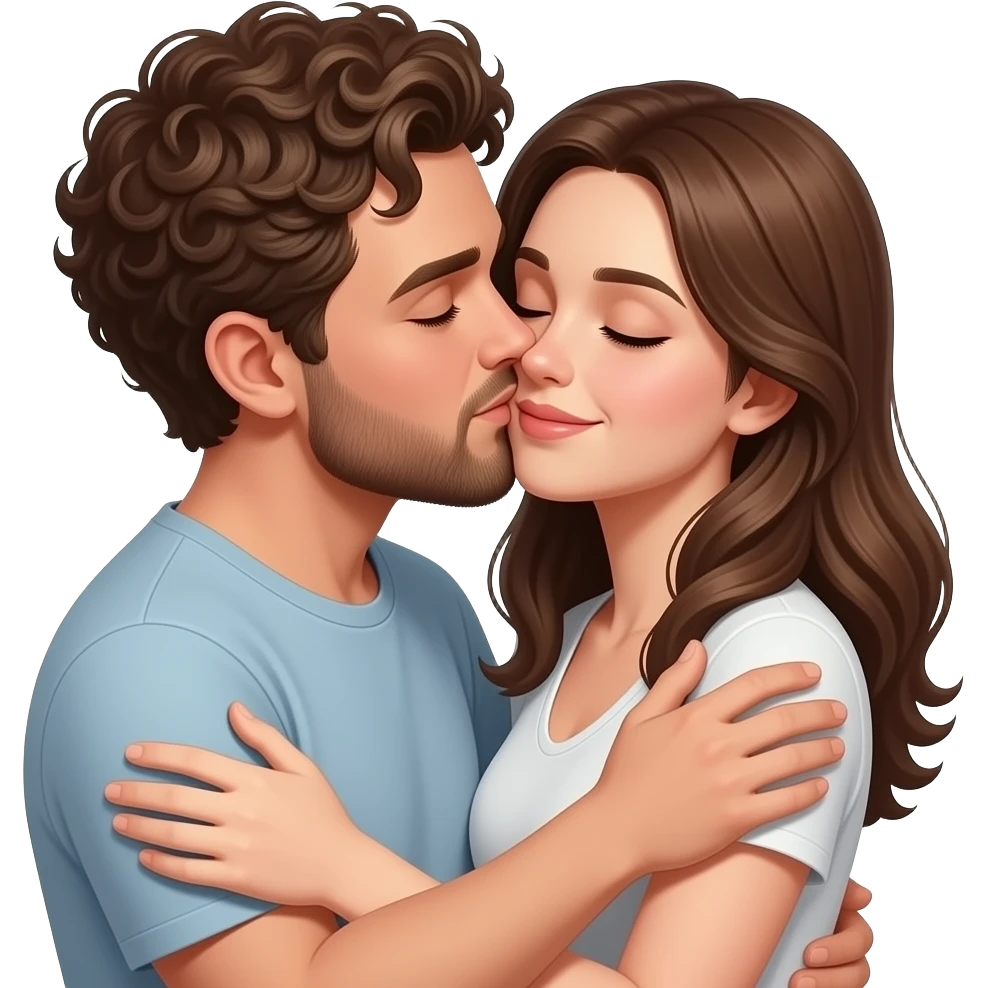 Realistic white man super short curly brown hair with beard kissing passionately and hugging realistic white girl brown hair HD emoji